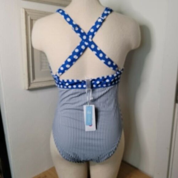 NWT Cupshe Large one piece swimsuit Blue poka dot stripe, adjustable vacation - Picture 5 of 10